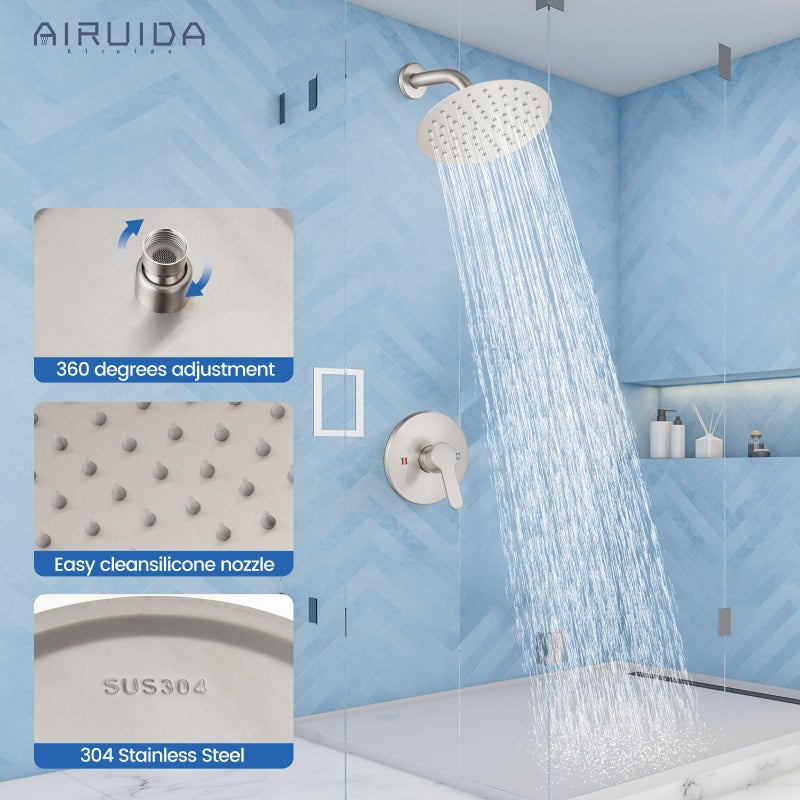 Airuida Shower Faucet Set,8 Inch Round Rainfall Shower Head,SUS304 Stainless Steel Single Handle Shower Trim Kit,Wall Mount Bathroom System with Female Threads Valve Brushed Nickel - Image 5